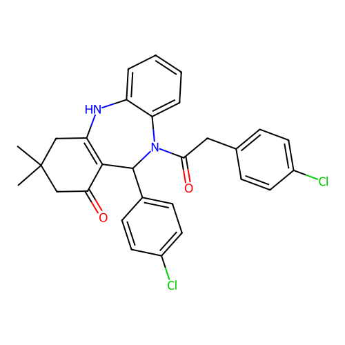 11-(4-chlorophenyl)-10-[(4-chlorophenyl)acetyl]-3,3-dimethyl-2,3,4,5,10,11-hexahydro-1H-dibenzo[b,e][1,4]diazepin-1-one structure