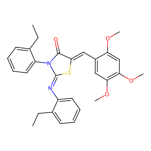 3-(2-ethylphenyl)-2-[(2-ethylphenyl)imino]-5-(2,4,5-trimethoxybenzylidene)-1,3-thiazolidin-4-one structure