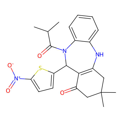 11-{5-nitro-2-thienyl}-10-isobutyryl-3,3-dimethyl-2,3,4,5,10,11-hexahydro-1H-dibenzo[b,e][1,4]diazepin-1-one structure