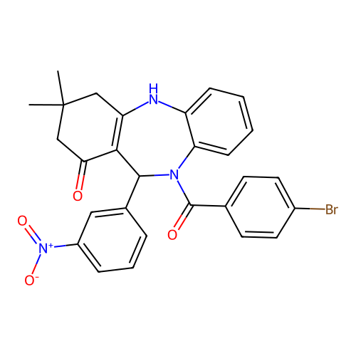 10-(4-bromobenzoyl)-11-{3-nitrophenyl}-3,3-dimethyl-2,3,4,5,10,11-hexahydro-1H-dibenzo[b,e][1,4]diazepin-1-one structure