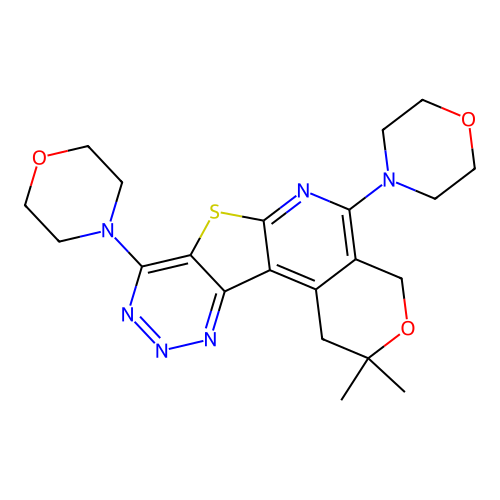 2,2-dimethyl-5,8-di(4-morpholinyl)-1,4-dihydro-2H-pyrano[4'',3'':4',5']pyrido[3',2':4,5]thieno[3,2-d][1,2,3]triazine structure