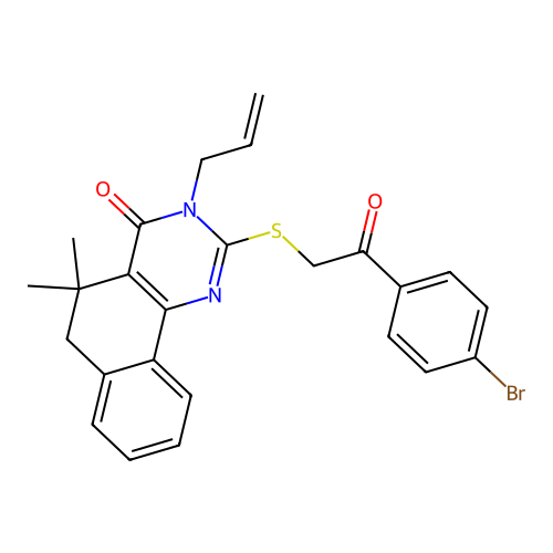 3-allyl-2-{[2-(4-bromophenyl)-2-oxoethyl]sulfanyl}-5,5-dimethyl-5,6-dihydrobenzo[h]quinazolin-4(3H)-one structure