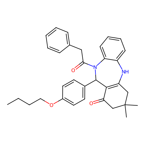11-(4-butoxyphenyl)-3,3-dimethyl-10-(phenylacetyl)-2,3,4,5,10,11-hexahydro-1H-dibenzo[b,e][1,4]diazepin-1-one structure