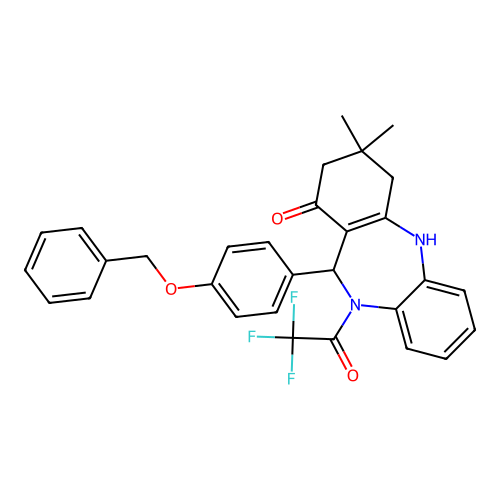 11-[4-(benzyloxy)phenyl]-3,3-dimethyl-10-(trifluoroacetyl)-2,3,4,5,10,11-hexahydro-1H-dibenzo[b,e][1,4]diazepin-1-one structure
