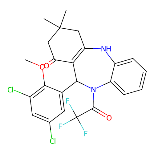 11-(3,5-dichloro-2-methoxyphenyl)-3,3-dimethyl-10-(trifluoroacetyl)-2,3,4,5,10,11-hexahydro-1H-dibenzo[b,e][1,4]diazepin-1-one structure