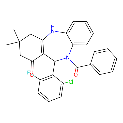10-benzoyl-11-(2-chloro-6-fluorophenyl)-3,3-dimethyl-2,3,4,5,10,11-hexahydro-1H-dibenzo[b,e][1,4]diazepin-1-one structure