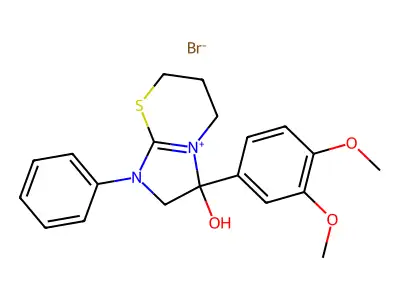 3-(3,4-dimethoxyphenyl)-3-hydroxy-1-phenyl-3,5,6,7-tetrahydro-2H-imidazo[2,1-b][1,3]thiazin-1-ium bromide structure