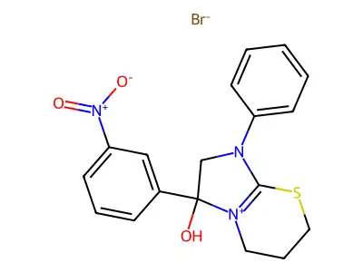 3-hydroxy-3-(3-nitrophenyl)-1-phenyl-3,5,6,7-tetrahydro-2H-imidazo[2,1-b][1,3]thiazin-1-ium bromide structure