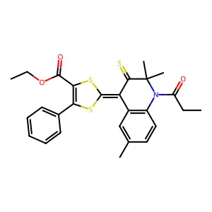 ethyl (2Z)-5-phenyl-2-(2,2,6-trimethyl-1-propanoyl-3-thioxo-2,3-dihydroquinolin-4(1H)-ylidene)-1,3-dithiole-4-carboxylate structure