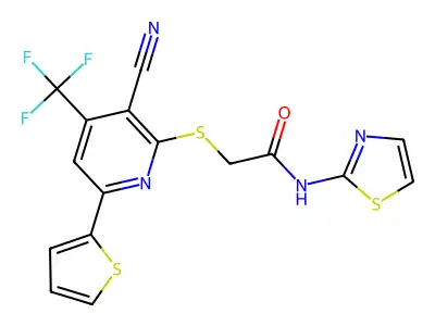 2-[3-cyano-6-thiophen-2-yl-4-(trifluoromethyl)pyridin-2-yl]sulfanyl-N-(1,3-thiazol-2-yl)acetamide structure