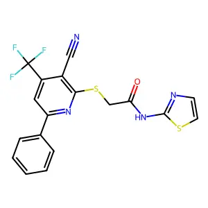 2-[3-cyano-6-phenyl-4-(trifluoromethyl)pyridin-2-yl]sulfanyl-N-(1,3-thiazol-2-yl)acetamide structure