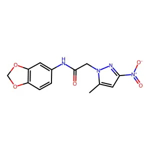 N-(1,3-benzodioxol-5-yl)-2-(5-methyl-3-nitropyrazol-1-yl)acetamide structure