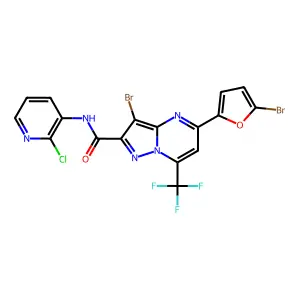 3-bromo-5-(5-bromo-2-furyl)-N-(2-chloro-3-pyridinyl)-7-(trifluoromethyl)pyrazolo[1,5-a]pyrimidine-2-carboxamide structure