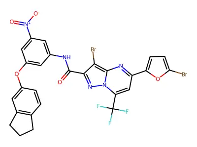 3-bromo-5-(5-bromo-2-furyl)-N-{3-(2,3-dihydro-1H-inden-5-yloxy)-5-nitrophenyl}-7-(trifluoromethyl)pyrazolo[1,5-a]pyrimidine-2-carboxamide structure