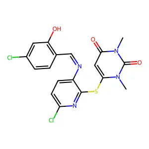(E)-6-((6-chloro-3-((4-chloro-2-hydroxybenzylidene)amino)pyridin-2-yl)thio)-1,3-dimethylpyrimidine-2,4(1H,3H)-dione structure