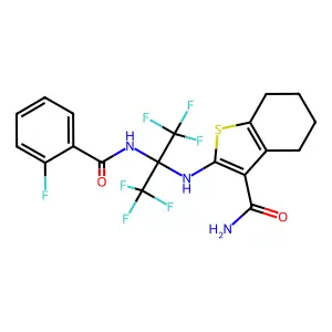 2-[[1,1,1,3,3,3-hexafluoro-2-[(2-fluorobenzoyl)amino]propan-2-yl]amino]-4,5,6,7-tetrahydro-1-benzothiophene-3-carboxamide structure