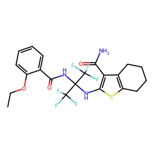 2-[[2-[(2-ethoxybenzoyl)amino]-1,1,1,3,3,3-hexafluoropropan-2-yl]amino]-4,5,6,7-tetrahydro-1-benzothiophene-3-carboxamide structure