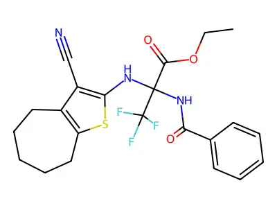 ethyl 2-benzamido-2-[(3-cyano-5,6,7,8-tetrahydro-4H-cyclohepta[b]thiophen-2-yl)amino]-3,3,3-trifluoropropanoate structure