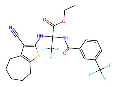 ethyl 2-((3-cyano-5,6,7,8-tetrahydro-4H-cyclohepta[b]thiophen-2-yl)amino)-3,3,3-trifluoro-2-(3-(trifluoromethyl)benzamido)propanoate structure