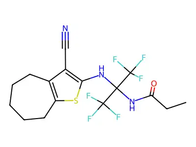 N-[2-[(3-cyano-5,6,7,8-tetrahydro-4H-cyclohepta[b]thiophen-2-yl)amino]-1,1,1,3,3,3-hexafluoropropan-2-yl]propanamide structure