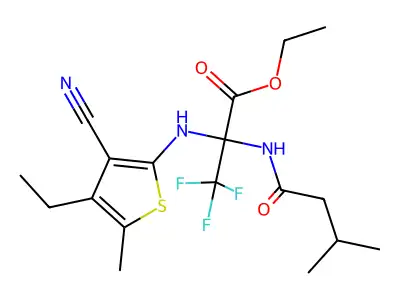 ethyl 2-[(3-cyano-4-ethyl-5-methylthiophen-2-yl)amino]-3,3,3-trifluoro-2-(3-methylbutanoylamino)propanoate structure