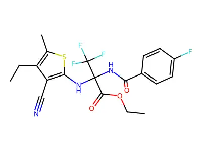 ethyl 2-((3-cyano-4-ethyl-5-methylthiophen-2-yl)amino)-3,3,3-trifluoro-2-(4-fluorobenzamido)propanoate structure