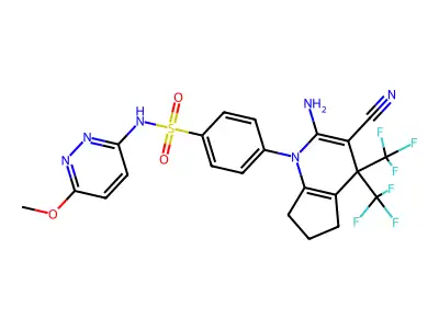 4-[2-amino-3-cyano-4,4-bis(trifluoromethyl)-6,7-dihydro-5H-cyclopenta[b]pyridin-1-yl]-N-(6-methoxypyridazin-3-yl)benzenesulfonamide structure