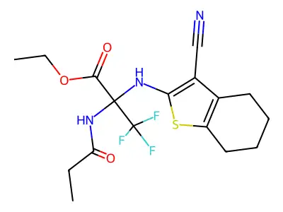 ethyl 2-((3-cyano-4,5,6,7-tetrahydrobenzo[b]thiophen-2-yl)amino)-3,3,3-trifluoro-2-propionamidopropanoate structure