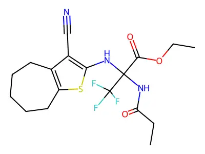 ethyl 2-((3-cyano-5,6,7,8-tetrahydro-4H-cyclohepta[b]thiophen-2-yl)amino)-3,3,3-trifluoro-2-propionamidopropanoate structure
