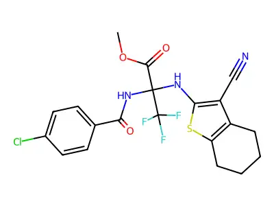 methyl 2-(4-chlorobenzamido)-2-((3-cyano-4,5,6,7-tetrahydrobenzo[b]thiophen-2-yl)amino)-3,3,3-trifluoropropanoate structure