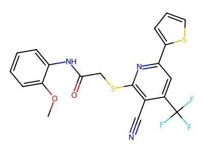 2-((3-Cyano-6-(2-thienyl)-4-(tri-F-ME)-2-pyridinyl)thio)-N-(2-meo-PH)acetamide structure