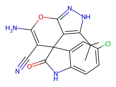 6-amino-5'-chloro-5-cyano-3-isopropyl--2'-oxo-1,1',3',4-tetrahydrospiro[pyrano[2,3-c]pyrazole-4,3'-(2'H)-indole] structure