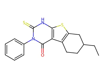 7-ethyl-3-phenyl-2-sulfanyl-5,6,7,8-tetrahydro[1]benzothieno[2,3-d]pyrimidin-4(3H)-one structure