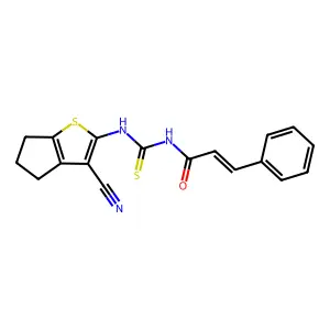 (E)-N-[(3-cyano-5,6-dihydro-4H-cyclopenta[b]thiophen-2-yl)carbamothioyl]-3-phenylprop-2-enamide structure