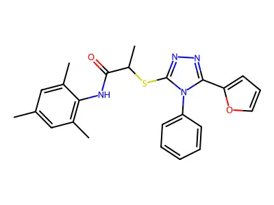 2-[[5-(furan-2-yl)-4-phenyl-1,2,4-triazol-3-yl]sulfanyl]-N-(2,4,6-trimethylphenyl)propanamide structure