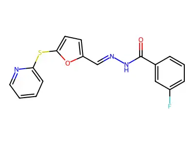3-fluoro-N-[(5-pyridin-2-ylsulfanylfuran-2-yl)methylideneamino]benzamide structure