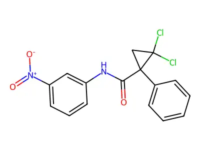 2,2-dichloro-N-(3-nitrophenyl)-1-phenylcyclopropane-1-carboxamide structure