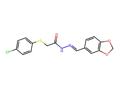 N-[(E)-1,3-benzodioxol-5-ylmethylideneamino]-2-(4-chlorophenyl)sulfanylacetamide structure