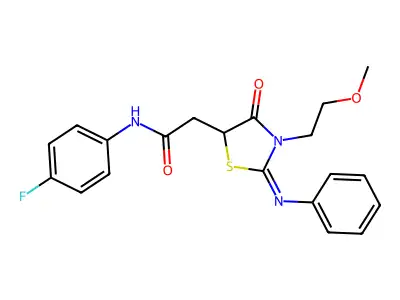 N-(4-fluorophenyl)-2-[3-(2-methoxyethyl)-4-oxo-2-phenylimino-1,3-thiazolidin-5-yl]acetamide structure