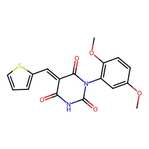 (5E)-1-(2,5-dimethoxyphenyl)-5-(thiophen-2-ylmethylidene)-1,3-diazinane-2,4,6-trione structure