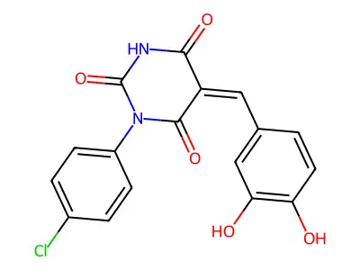 (5Z)-1-(4-chlorophenyl)-5-(3,4-dihydroxybenzylidene)pyrimidine-2,4,6(1H,3H,5H)-trione structure