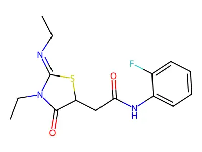 (E)-2-(3-ethyl-2-(ethylimino)-4-oxothiazolidin-5-yl)-N-(2-fluorophenyl)acetamide structure
