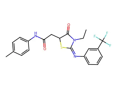 2-(3-ethyl-4-oxo-2-{[3-(trifluoromethyl)phenyl]imino}-1,3-thiazolidin-5-yl)-N-(4-methylphenyl)acetamide structure