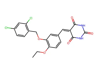 5-{3-[(2,4-dichlorobenzyl)oxy]-4-ethoxybenzylidene}-2,4,6(1H,3H,5H)-pyrimidinetrione structure