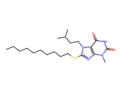 8-(decylsulfanyl)-7-isopentyl-3-methyl-3,7-dihydro-1H-purine-2,6-dione structure