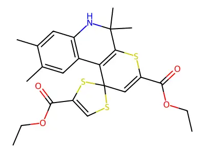 diethyl 5',5',8',9'-tetramethyl-5',6'-dihydrospiro[1,3-dithiole-2,1'-(1'H)-thiopyrano[2,3-c]quinoline]-3',4-dicarboxylate structure