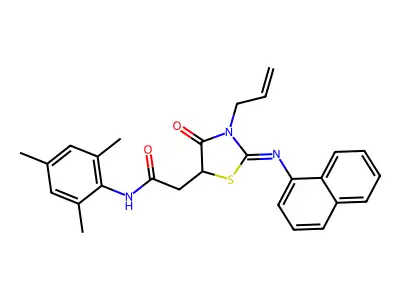 2-[3-allyl-2-(1-naphthylimino)-4-oxo-1,3-thiazolidin-5-yl]-N-mesitylacetamide structure
