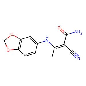 (E)-3-(1,3-benzodioxol-5-ylamino)-2-cyanobut-2-enamide structure