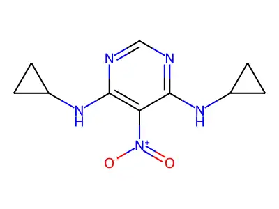 4-N,6-N-dicyclopropyl-5-nitropyrimidine-4,6-diamine structure