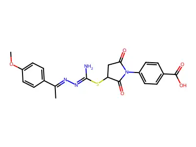 4-[3-[(E)-N'-[(E)-1-(4-methoxyphenyl)ethylideneamino]carbamimidoyl]sulfanyl-2,5-dioxopyrrolidin-1-yl]benzoic acid structure
